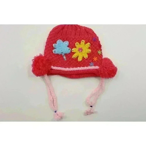 HAND knitted girl hat with knitted applique with beads for 3-6 year old. NEW. - Picture 4 of 9
